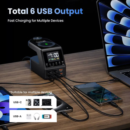 240W GaN Charging Station with 4×140W PD3.1 USB Type-C and Wireless Fast Charging for MacBook, iPad, and Samsung Devices with Alarm Clock and Time Display