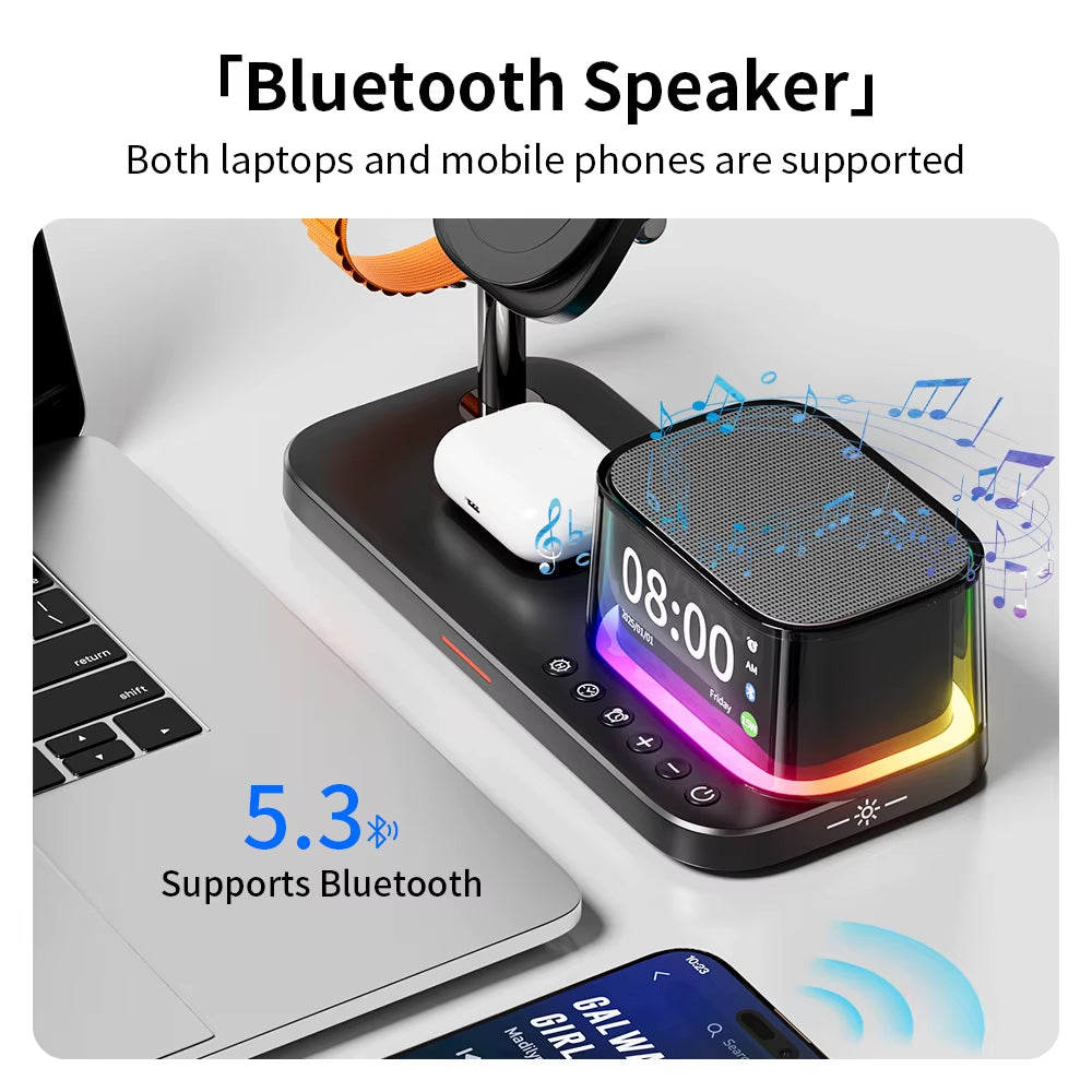 Qi2 25W Wireless Charger and Multifunctional RGB Desk Alarm Clock with Bluetooth Speaker - 5-in-1 Fast Charging Solution for iPhone 17 and 16