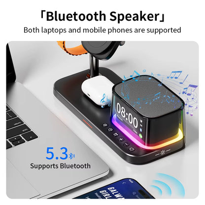 Qi2 25W Wireless Charger and Multifunctional RGB Desk Alarm Clock with Bluetooth Speaker - 5-in-1 Fast Charging Solution for iPhone 17 and 16