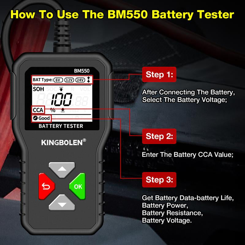 KINGBOLEN BM550 Automotive Battery Tester 6V 12V 24V Car Truck Motorcycles Boats Vehicle Battery Analyzer 100-2000 CCA