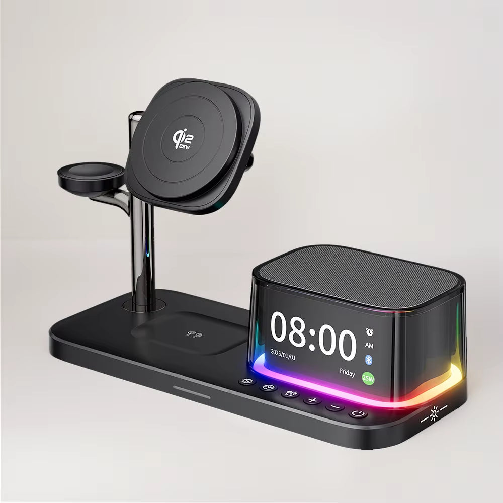 Qi2 25W Wireless Charger and Multifunctional RGB Desk Alarm Clock with Bluetooth Speaker - 5-in-1 Fast Charging Solution for iPhone 17 and 16