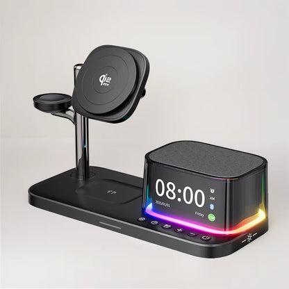 Qi2 25W Wireless Charger and Multifunctional RGB Desk Alarm Clock with Bluetooth Speaker - 5-in-1 Fast Charging Solution for iPhone 17 and 16