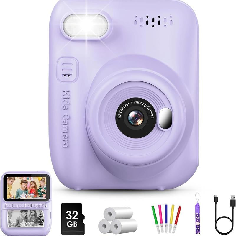 Kids Instant Print Camera, 32MP HD Photo with 3.0-Inch Screen, Christmas Birthday Gift for Boys Girls Age 3-12, Portable Digital Camera for Kids Reusable Digital Kids Camera with SD Card Perfect Gift for Christmas, Birthday, Toddler Gift