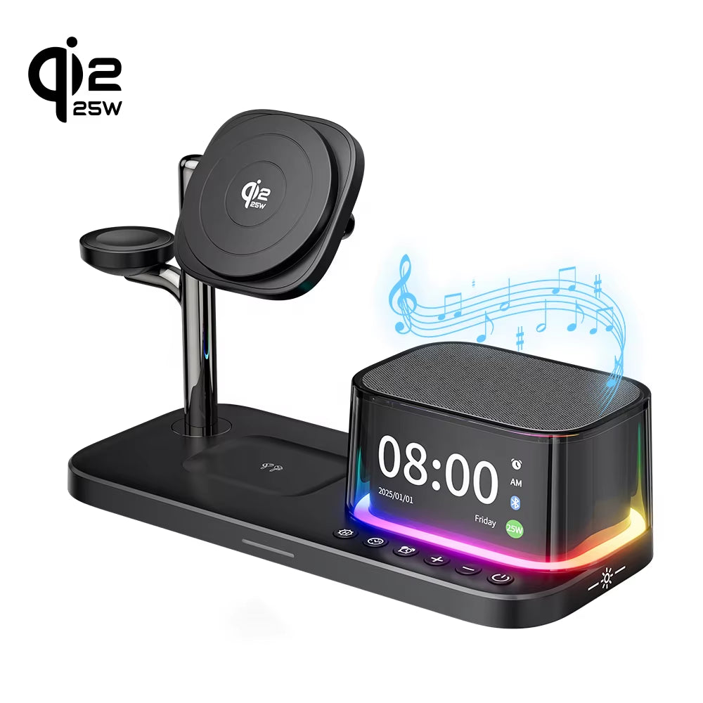 Qi2 25W Wireless Charger and Multifunctional RGB Desk Alarm Clock with Bluetooth Speaker - 5-in-1 Fast Charging Solution for iPhone 17 and 16