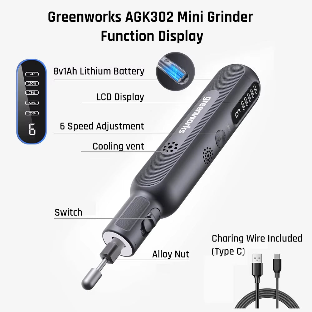 Greenworks 8V Cordless Mini Engraving Grinder with 52 Accessories, 80W Variable Speed Electric Engraving Tool, Lithium Battery