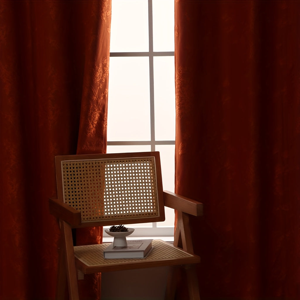 1pc Full Blackout Orange And Beige Peony Laminated Light Luxury Draping Three-Dimensional Perforated Curtains