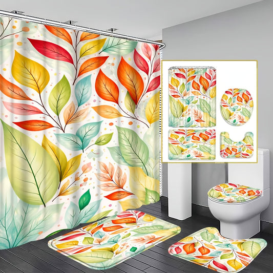 1/3/4pcs Colorful Autumn Leaves Shower Curtain Set, Red Yellow Green Orange Autumn Leaves Branches Bathroom Decoration, Bathroom Additions Include Bathroom, U-Shaped, Toilet Lid Cover, 180X180Cm Shower Curtain with 12 Hooks,