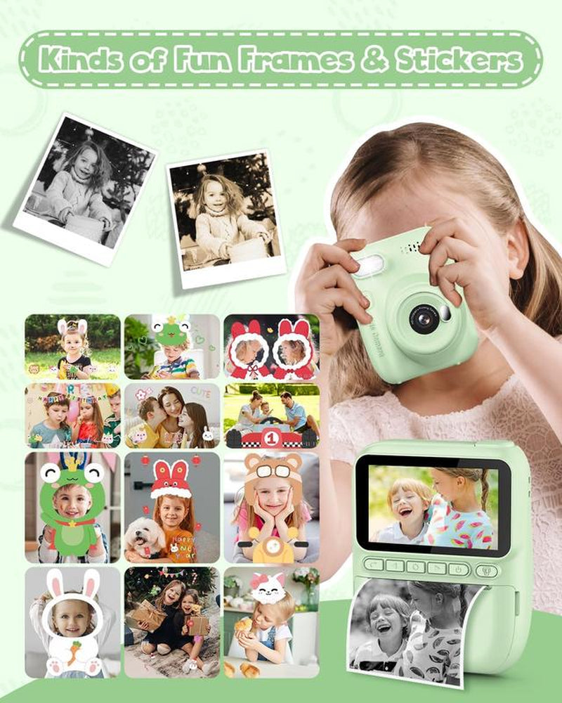 Kids Instant Print Camera, 32MP HD Photo with 3.0-Inch Screen, Christmas Birthday Gift for Boys Girls Age 3-12, Portable Digital Camera for Kids Reusable Digital Kids Camera with SD Card Perfect Gift for Christmas, Birthday, Toddler Gift