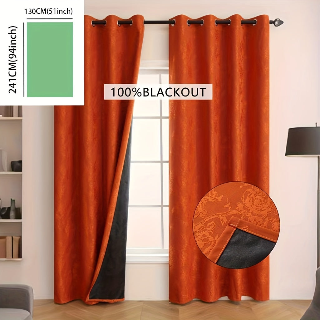 1pc Full Blackout Orange And Beige Peony Laminated Light Luxury Draping Three-Dimensional Perforated Curtains