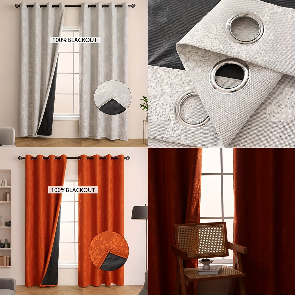 1pc Full Blackout Orange And Beige Peony Laminated Light Luxury Draping Three-Dimensional Perforated Curtains