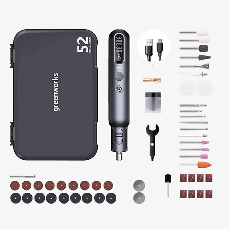 Greenworks 8V Cordless Mini Engraving Grinder with 52 Accessories, 80W Variable Speed Electric Engraving Tool, Lithium Battery