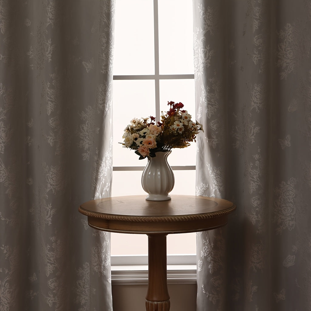 1pc Full Blackout Orange And Beige Peony Laminated Light Luxury Draping Three-Dimensional Perforated Curtains