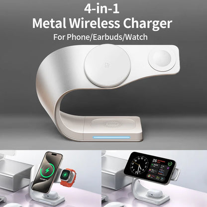 4-in-1 Wireless Charging Station with Metal Shell and Magnetic Fast Charging - 15W Output