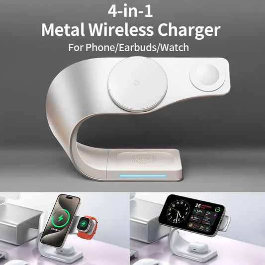 4-in-1 Wireless Charging Station with Metal Shell and Magnetic Fast Charging - 15W Output