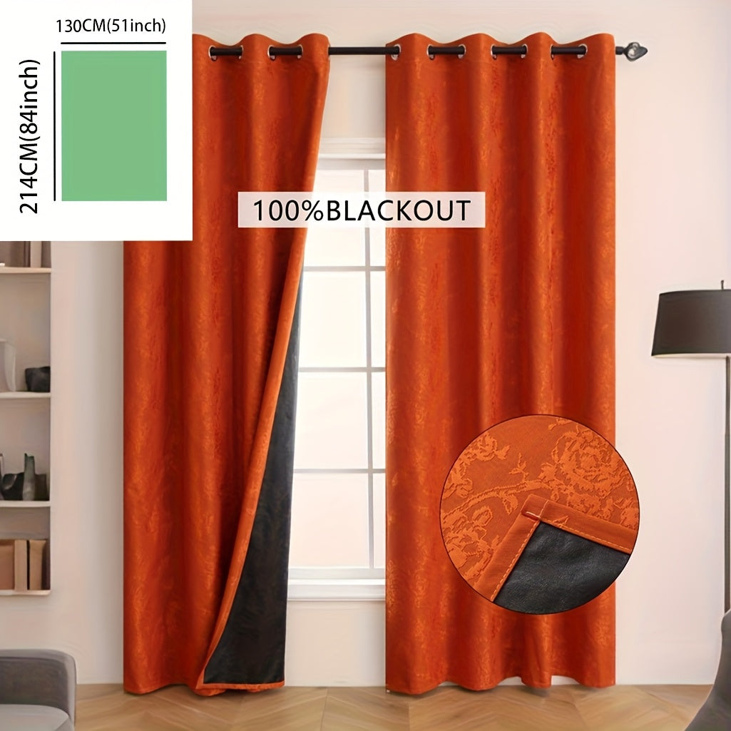 1pc Full Blackout Orange And Beige Peony Laminated Light Luxury Draping Three-Dimensional Perforated Curtains
